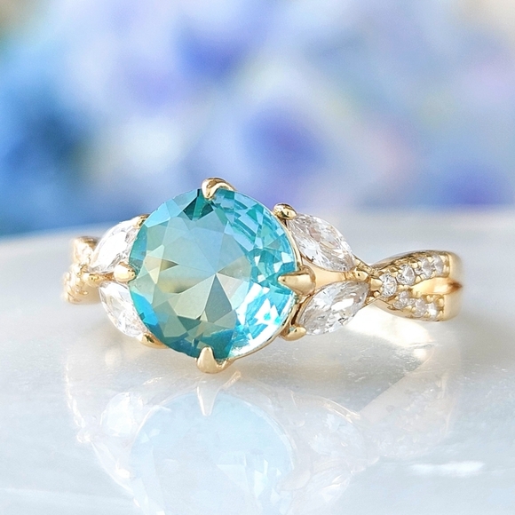 Gold and Aquamarine  Blue and Teal Gemstone Ring Set, 925 Sterling Silver - Picture 3 of 6